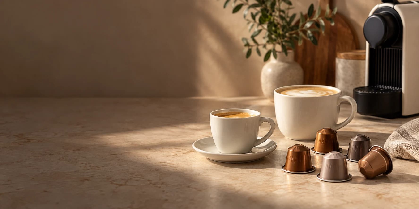 Ilustrační pohled na espresso a mléčnou kávu vedle neoznačených kapslí a kapslového kávovaru