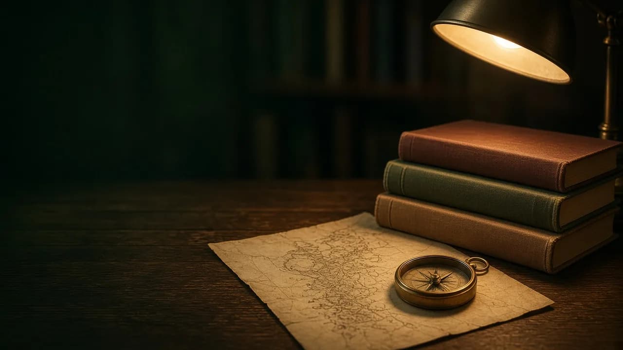 Knihy, mapa a kompas na čtenářském stole pod lampou