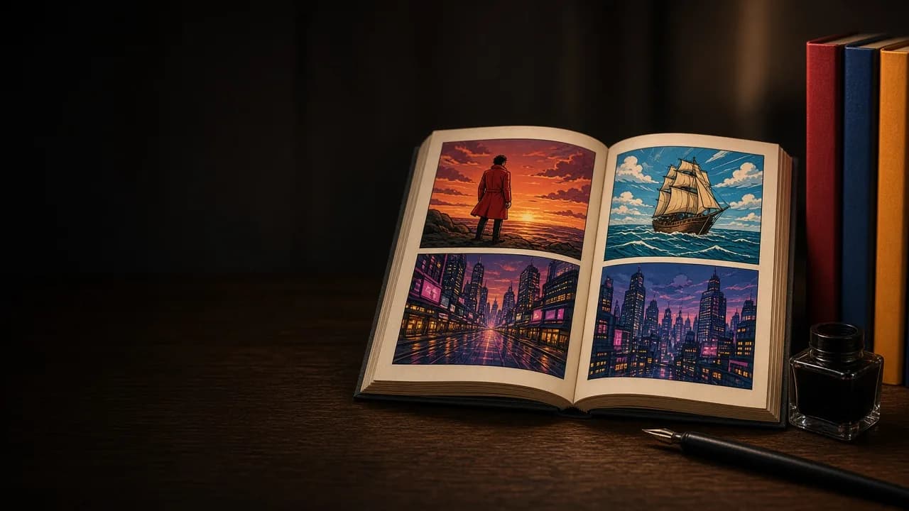 Otevřená barevná manga s panely, perem a kalamářem na tmavém stole