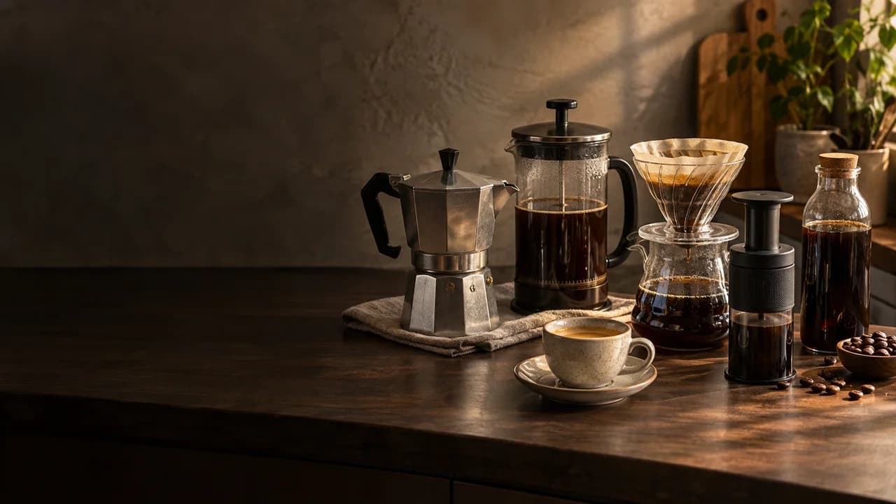 Espresso, moka konvička, ruční filtr a french press na kávovém stole